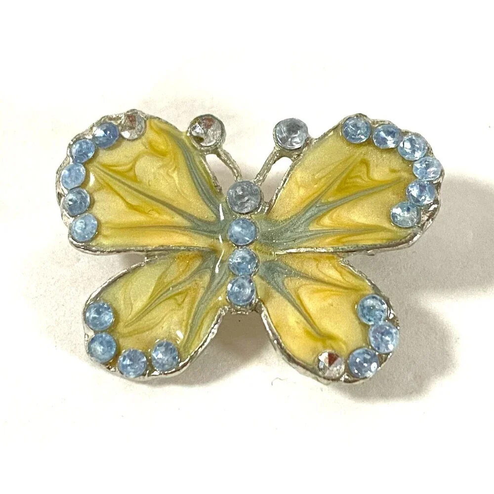 Butterfly Brooch Vintage 1980s Baby Blue Gems Cream Silver Tone Flaws